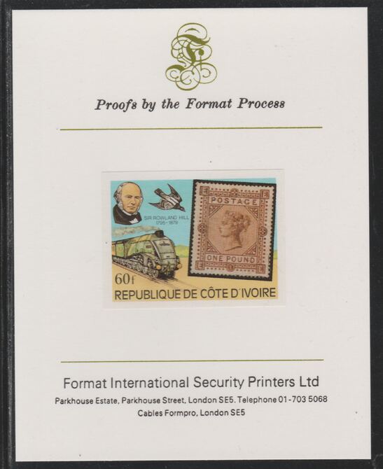 Ivory Coast 1979 Death Centenary of Rowland Hill (Stamps & Trains) 60f imperf mounted on Format International proof card as SG 594, stamps on , stamps on  stamps on postal, stamps on railways, stamps on stamp on stamp, stamps on rowland hill, stamps on  stamps on stamponstamp