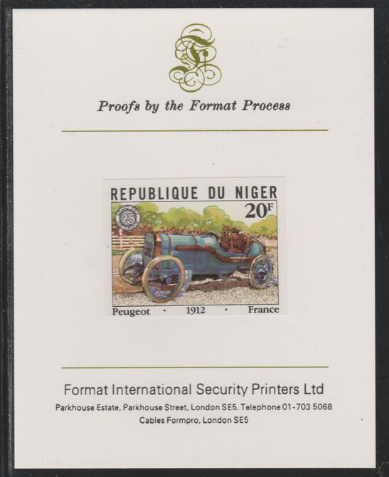 Niger Republic 1981 French Grand Prix 20f Peugeot imperf mounted on Format International proof card as SG 874, stamps on , stamps on  stamps on cars, stamps on  stamps on  f1 , stamps on  stamps on formula 1, stamps on  stamps on  racing cars, stamps on  stamps on 