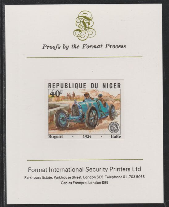 Niger Republic 1981 French Grand Prix 40f Bugatti imperf mounted on Format International proof card as SG 875, stamps on , stamps on  stamps on cars, stamps on  stamps on  f1 , stamps on  stamps on formula 1, stamps on  stamps on  racing cars, stamps on  stamps on 