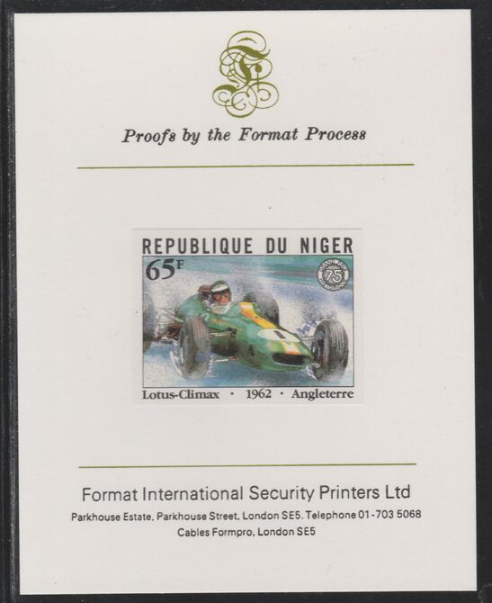 Niger Republic 1981 French Grand Prix 65f Lotus Climax imperf mounted on Format International proof card as SG 876, stamps on , stamps on  stamps on cars, stamps on  stamps on  f1 , stamps on  stamps on formula 1, stamps on  stamps on  racing cars, stamps on  stamps on 