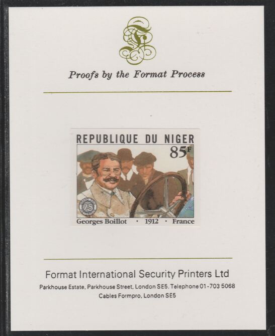 Niger Republic 1981 French Grand Prix 85f Georges Boilot imperf mounted on Format International proof card as SG 877, stamps on , stamps on  stamps on cars, stamps on  stamps on  f1 , stamps on  stamps on formula 1, stamps on  stamps on  racing cars, stamps on  stamps on 