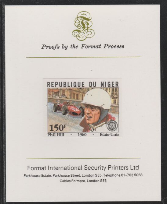 Niger Republic 1981 French Grand Prix 150f Phil Hill imperf mounted on Format International proof card as SG 878, stamps on , stamps on  stamps on cars, stamps on  stamps on  f1 , stamps on  stamps on formula 1, stamps on  stamps on  racing cars, stamps on  stamps on 