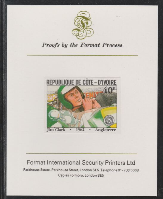 Ivory Coast 1981 French Grand Prix 40f Jim Clark imperf mounted on Format International proof card as SG 700, stamps on , stamps on  stamps on cars, stamps on  stamps on  f1 , stamps on  stamps on formula 1, stamps on  stamps on  racing cars, stamps on  stamps on 