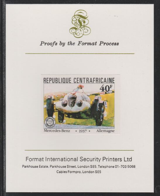 Central African Republic 1981 French Grand Prix 40f Mercedes Benz imperf mounted on Format International proof card as SG 787, stamps on , stamps on  stamps on cars, stamps on  stamps on  f1 , stamps on  stamps on formula 1, stamps on  stamps on  racing cars, stamps on  stamps on 