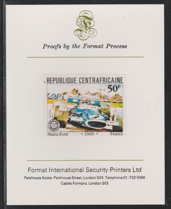 Central African Republic 1981 French Grand Prix 50f Matra Ford imperf mounted on Format International proof card as SG 788, stamps on , stamps on  stamps on cars, stamps on  stamps on  f1 , stamps on  stamps on formula 1, stamps on  stamps on  racing cars, stamps on  stamps on 