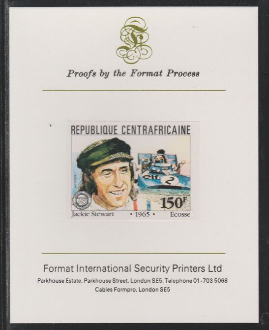 Central African Republic 1981 French Grand Prix 150f Jackie Stewart imperf mounted on Format International proof card as SG 790, stamps on , stamps on  stamps on cars, stamps on  stamps on  f1 , stamps on  stamps on formula 1, stamps on  stamps on  racing cars, stamps on  stamps on 