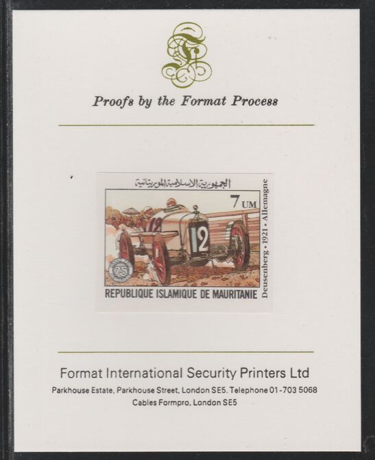 Mauritania 1982 French Grand Prix 7um Deusenberg imperf mounted on Format International proof card as SG 724, stamps on cars, stamps on  f1 , stamps on formula 1, stamps on  racing cars, stamps on 