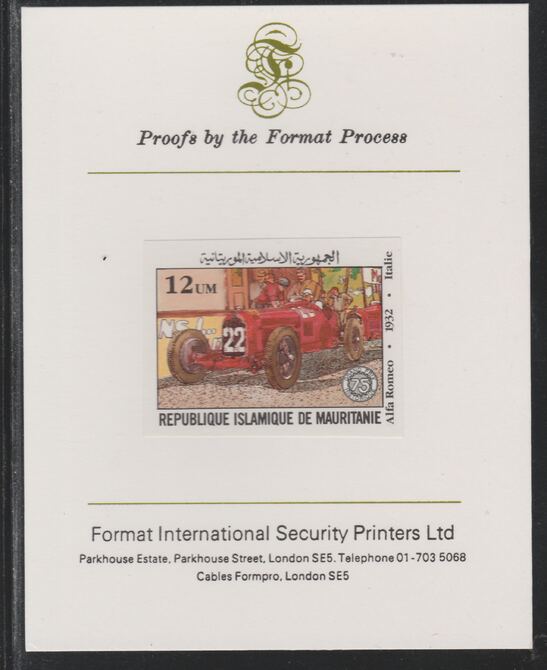 Mauritania 1982 French Grand Prix 12um Alfa Romeo imperf mounted on Format International proof card as SG 725, stamps on , stamps on  stamps on cars, stamps on  stamps on  f1 , stamps on  stamps on formula 1, stamps on  stamps on  racing cars, stamps on  stamps on 