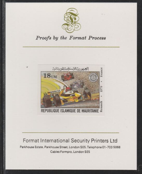 Mauritania 1982 French Grand Prix 18um Renault imperf mounted on Format International proof card as SG 727, stamps on cars, stamps on  f1 , stamps on formula 1, stamps on  racing cars, stamps on 