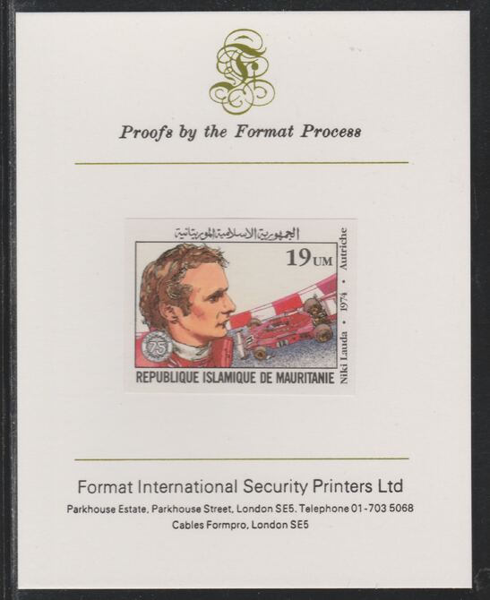 Mauritania 1982 French Grand Prix 19um Niki Lauda imperf mounted on Format International proof card as SG 728, stamps on cars, stamps on  f1 , stamps on formula 1, stamps on  racing cars, stamps on 