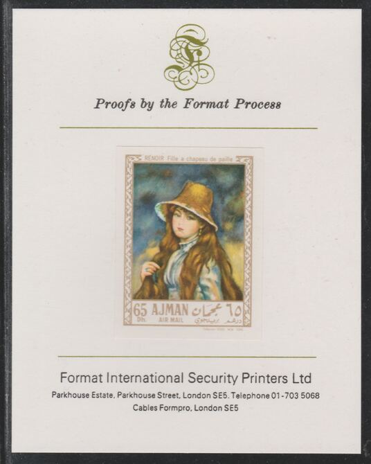 Ajman 1967 Paintings - Girl with a Straw Hat by Renoir imperf mounted on Format International proof card as Michel 210B, stamps on , stamps on  stamps on arts, stamps on  stamps on renoir