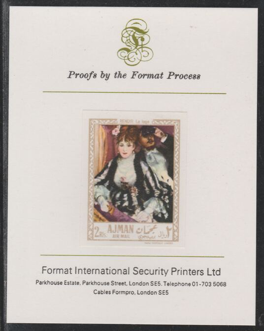 Ajman 1967 Paintings - The Loge by Renoir imperf mounted on Format International proof card as Michel 212B, stamps on arts, stamps on renoir, stamps on 