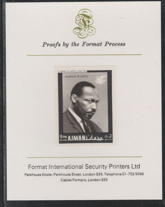 Ajman 1968 Human Rights - Martin Luther King 5R imperf mounted on Format International proof card as Michel 295B