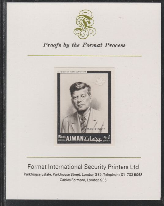 Ajman 1968 Human Rights - John F Kennedy 5R imperf mounted on Format International proof card as Michel 296B, stamps on , stamps on  stamps on kennedy, stamps on  stamps on human rights, stamps on  stamps on us presidents