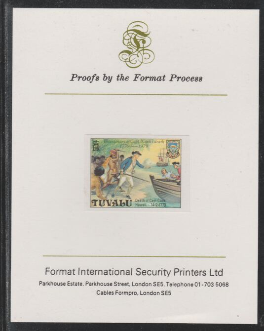 Tuvalu 1979 Capt Cook Death Anniversary (undenominated but as $1) imperf mounted on Format International proof card (as SG 126), stamps on explorers, stamps on personalities, stamps on ships, stamps on cook, stamps on telescopes, stamps on death