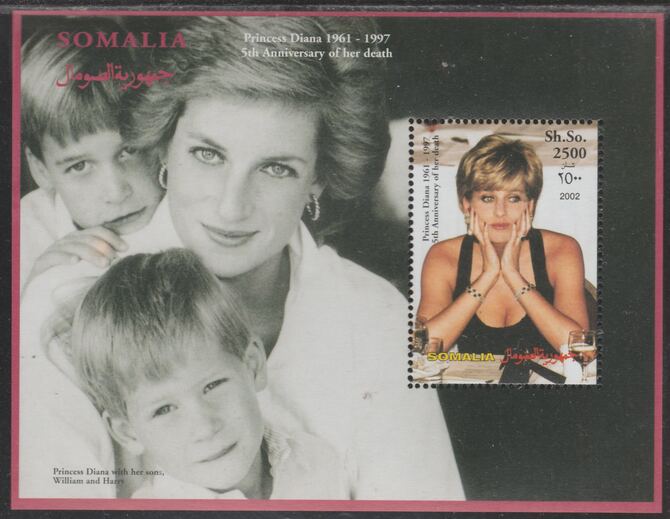 Somalia 2002 Princess Diana 5th Anniversary of Death perf souvenir sheet #1 unmounted mint.. Note this item is privately produced and is offered purely on its thematic appeal, stamps on , stamps on  stamps on royalty, stamps on  stamps on diana