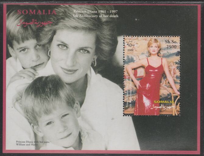 Somalia 2002 Princess Diana 5th Anniversary of Death perf souvenir sheet #3 unmounted mint.. Note this item is privately produced and is offered purely on its thematic appeal, stamps on , stamps on  stamps on royalty, stamps on  stamps on diana