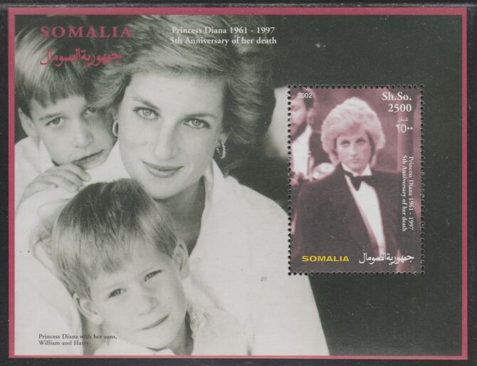 Somalia 2002 Princess Diana 5th Anniversary of Death perf souvenir sheet #4 unmounted mint.. Note this item is privately produced and is offered purely on its thematic appeal, stamps on royalty, stamps on diana