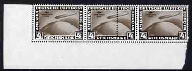 Germany 1930 Zeppelin 4m brown South American Flight reprint strip of 3 with perfs partly doubled (stamped 'Privater Nachdruck' on reverse) unmounted mint as SG457 (originals cat A31,050), stamps on , stamps on  stamps on zeppelins, stamps on  stamps on airships