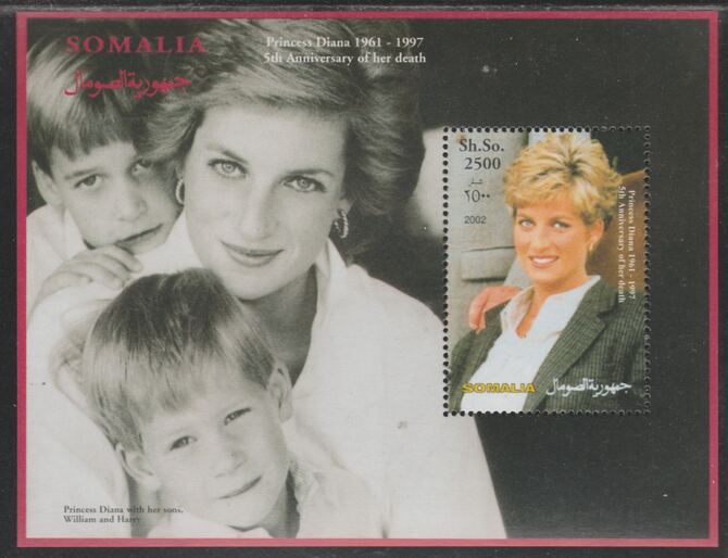 Somalia 2002 Princess Diana 5th Anniversary of Death perf souvenir sheet #6 unmounted mint.. Note this item is privately produced and is offered purely on its thematic ap..., stamps on royalty, stamps on diana