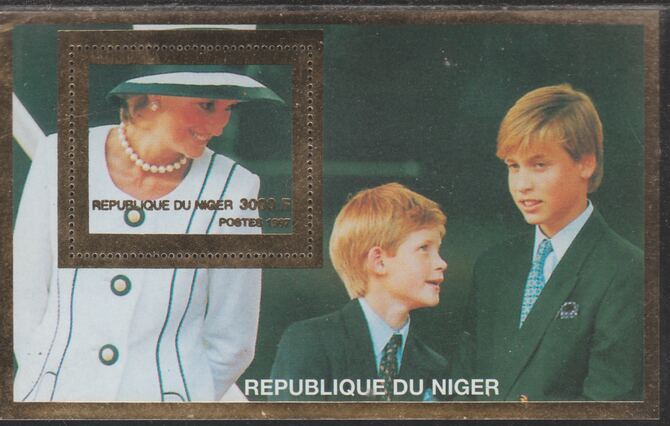 Niger Republic 1997 Princess Diana with William & Harry (Gold frame) perf souvenir sheet unmounted mint.. Note this item is privately produced and is offered purely on its thematic appeal, stamps on , stamps on  stamps on royalty, stamps on  stamps on diana, stamps on  stamps on william, stamps on  stamps on harry