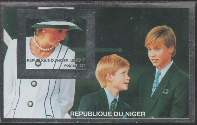 Niger Republic 1997 Princess Diana with William & Harry (Silver frame) imperf souvenir sheet unmounted mint.. Note this item is privately produced and is offered purely on its thematic appeal, stamps on , stamps on  stamps on royalty, stamps on  stamps on diana, stamps on  stamps on william, stamps on  stamps on harry