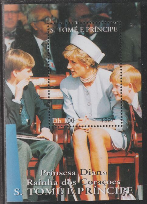 St Thomas & Prince Islands 1997 Princess Diana with William & Harry perf souvenir sheet unmounted mint.. Note this item is privately produced and is offered purely on its thematic appeal, stamps on royalty, stamps on diana, stamps on william, stamps on harry