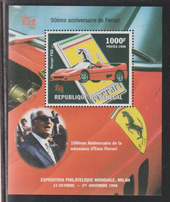 Senegal 1998 Ferrari perf souvenir sheet unmounted mint.. Note this item is privately produced and is offered purely on its thematic appeal, stamps on , stamps on  stamps on ferrari, stamps on  stamps on  f1 , stamps on  stamps on formula 1, stamps on  stamps on 