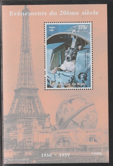 Niger Republic 1998 Events of the 20th Century 1950-1959 Space Dog Laika perf souvenir sheet unmounted mint. Note this item is privately produced and is offered purely on..., stamps on space, stamps on dogs, stamps on laika