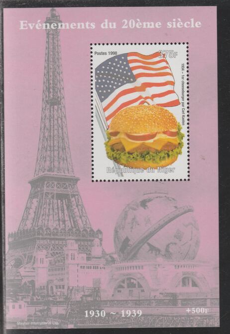 Niger Republic 1998 Events of the 20th Century 1930-1939 First Hamburger perf souvenir sheet unmounted mint. Note this item is privately produced and is offered purely on its thematic appeal, stamps on , stamps on  stamps on food