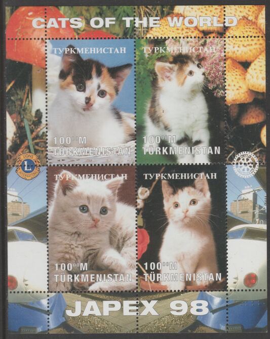 Turkmenistan 1998 Domestic Cats perf sheetlet containing 4 values , with Lions & Rotary Logos & Japex imprint unmounted mint. Note this item is privately produced and is offered purely on its thematic appeal, stamps on cats, stamps on lions int, stamps on rotary, stamps on stamp exhibitions