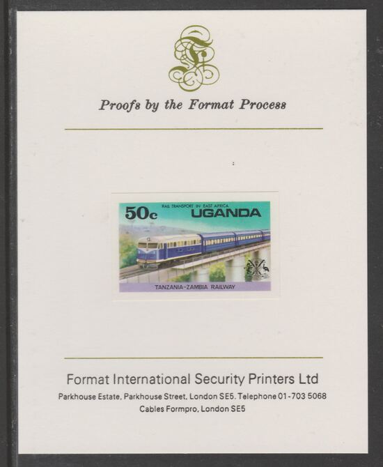 Uganda 1976 Railway Transport 50c Diesel Train imperf mounted on Format International proof card as SG 173, stamps on railways