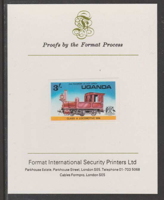 Uganda 1976 Railway Transport 3s Class A Steam Loco imperf mounted on Format International proof card as SG 176, stamps on , stamps on  stamps on railways, stamps on  stamps on 