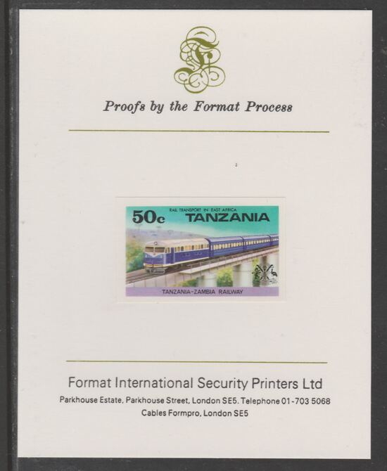 Tanzania 1976 Railway Transport 50c Diesel Train imperf mounted on Format International proof card as SG 187, stamps on , stamps on  stamps on railways