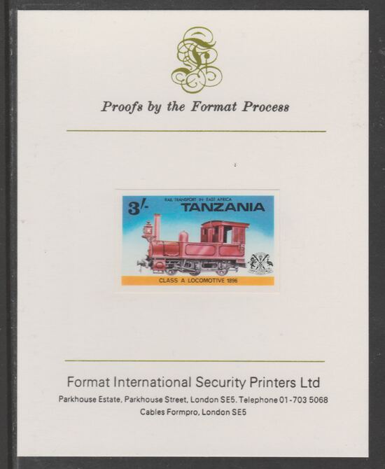 Tanzania 1976 Railway Transport 3s Class A Steam Loco imperf mounted on Format International proof card as SG 190