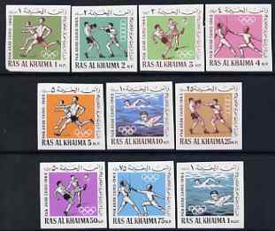Ras Al Khaima 1966 Olympics - Pan Arab Games imperf set of 10 unmounted mint Mi 37-46B, as SG 31-40, stamps on olympics, stamps on sport, stamps on fencing, stamps on swimming, stamps on football, stamps on running, stamps on boxing