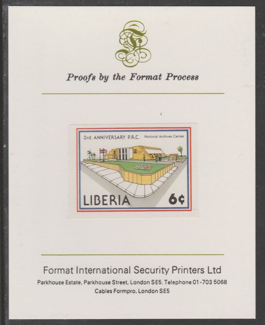 Liberia 1983 Opening of National Archives 6c imperf proof mounted on Format International proof card, as SG1555, stamps on , stamps on  stamps on buildings