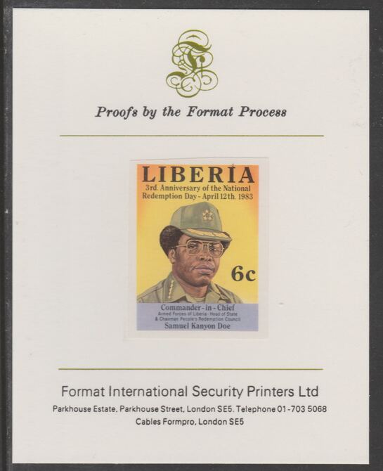 Liberia 1983 Third Anniversary 6c Samuel Doe imperf proof mounted on Format International proof card, as SG1549, stamps on militaria