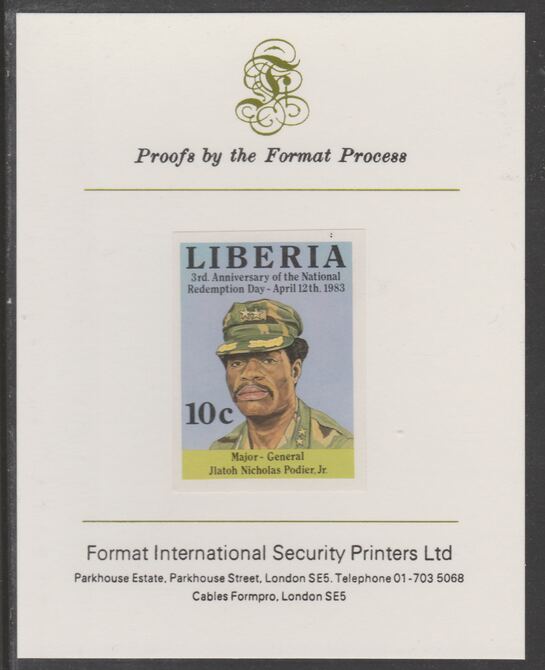 Liberia 1983 Third Anniversary 10c Jlatoh Nicholas Podier Jr imperf proof mounted on Format International proof card, as SG1550, stamps on militaria