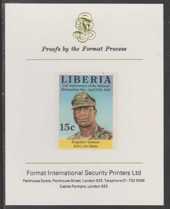 Liberia 1983 Third Anniversary 15c Jeffry Sei Gbatu imperf proof mounted on Format International proof card, as SG1551, stamps on militaria