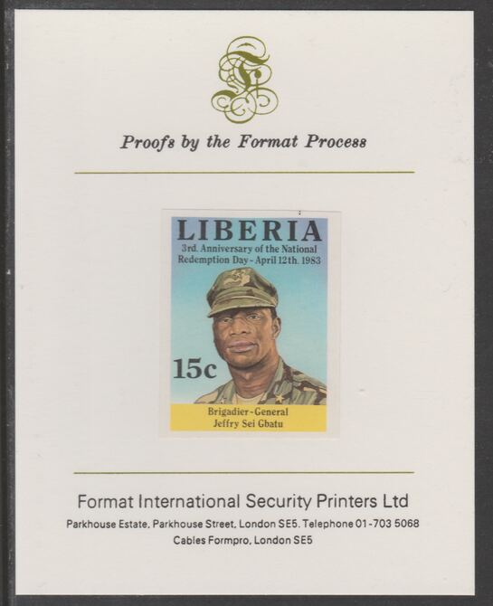 Liberia 1983 Third Anniversary 15c Jeffry Sei Gbatu imperf proof mounted on Format International proof card, as SG1551, stamps on , stamps on  stamps on militaria