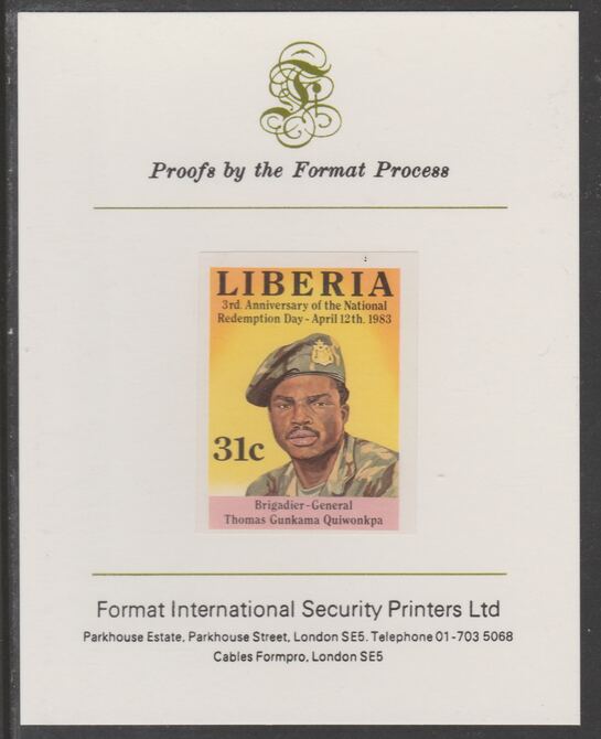 Liberia 1983 Third Anniversary 31c Thomas Gunkama Quiwonkpa imperf proof mounted on Format International proof card, as SG1552, stamps on militaria