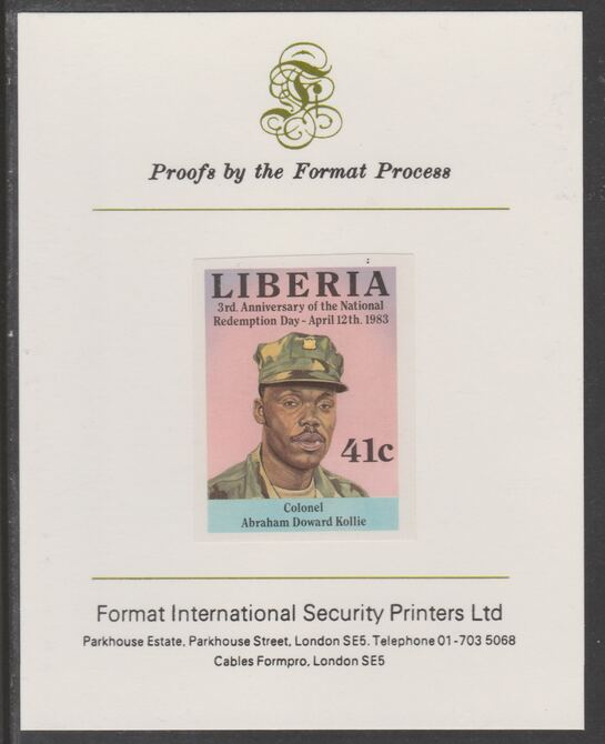Liberia 1983 Third Anniversary 41c Abraham Doward Kollie imperf proof mounted on Format International proof card, as SG1553, stamps on militaria