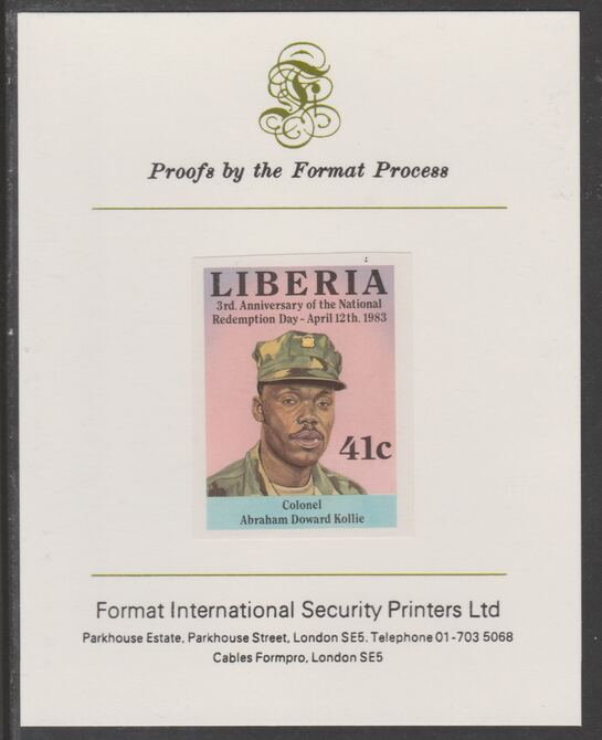 Liberia 1983 Third Anniversary 41c Abraham Doward Kollie imperf proof mounted on Format International proof card, as SG1553, stamps on , stamps on  stamps on militaria