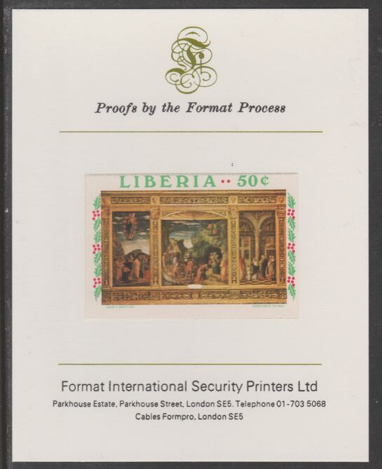 Liberia 1970 Christmas 50c Adoration of the Magi Triptych 50c (ex m/sheet) imperf proof mounted on Format International proof card, as SG MS1049, stamps on christmas