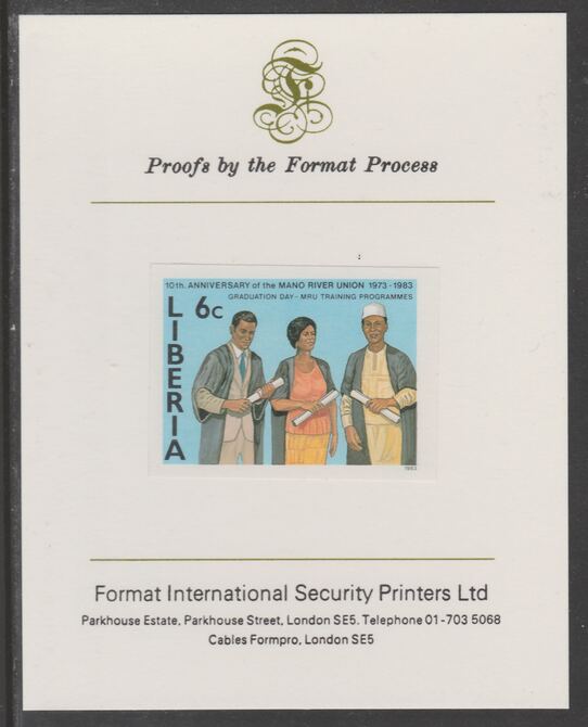 Liberia 1984 Tenth Anniversary of Mano River Union 6c imperf proof mounted on Format International proof card, as SG 1564, stamps on education