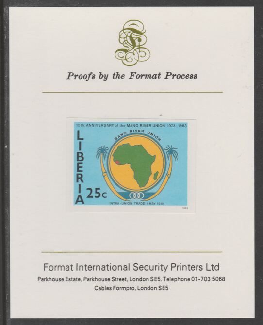 Liberia 1984 Tenth Anniversary of Mano River Union 25c imperf proof mounted on Format International proof card, as SG 1565, stamps on maps