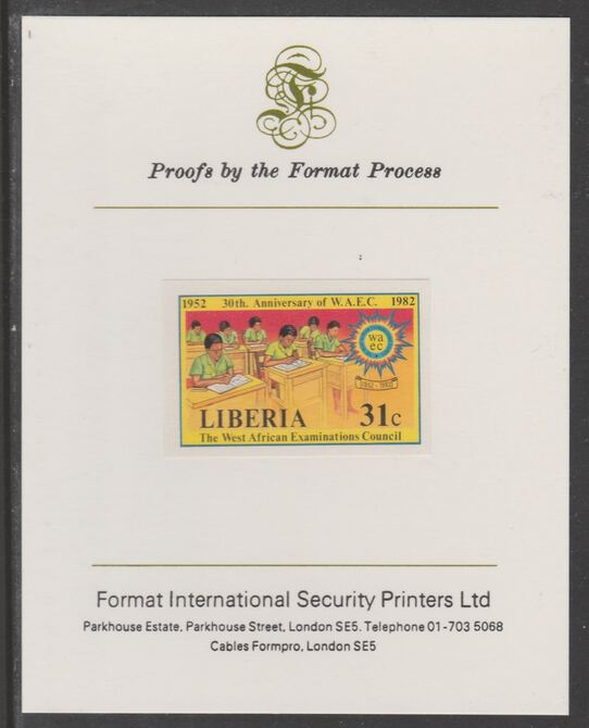 Liberia 1982 30th Anniversary of West African Examination Council 31c imperf proof mounted on Format International proof card, as SG 1518, stamps on , stamps on  stamps on education