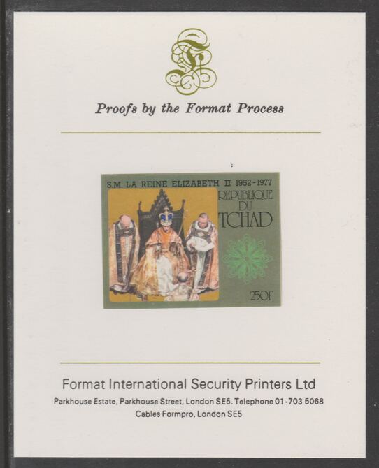 Chad 1977 Silver Jubilee 250f imperf proof mounted on Format International proof card, as SG 493, Mi 782B, stamps on royalty, stamps on  silver jubilee