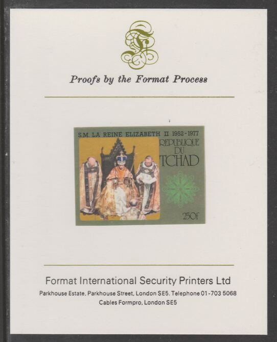 Chad 1977 Silver Jubilee 250f imperf proof mounted on Format International proof card, as SG 493, Mi 782B, stamps on , stamps on  stamps on royalty, stamps on  stamps on  silver jubilee